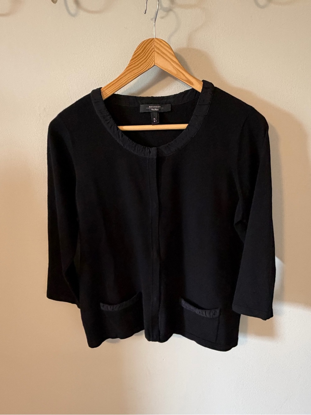 Weekend Max Mara Black Snap Front Knit Cardigan Silk Trim XL